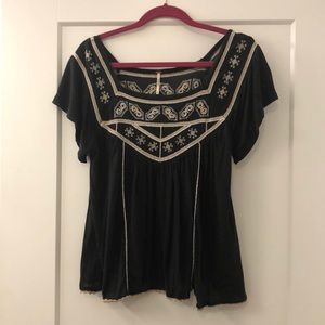 Free People Navy Embroidered Swing Top